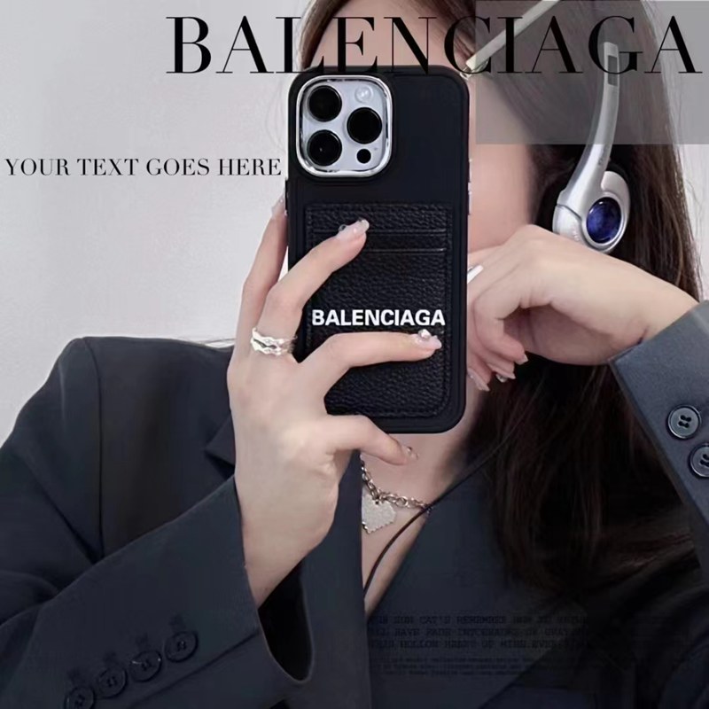 バレンシアガiphone14pro max/14plusケース可愛いbalenciagaカード革モノグラム黒ブランド アイフォン14プロ マックス男女