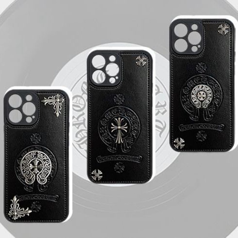 Chrome Hearts クロムハーツ 経典風 iphone14 pro max/14 plusケース ブランド モノグラム 十字柄 黒色 ジャケット型 レザー