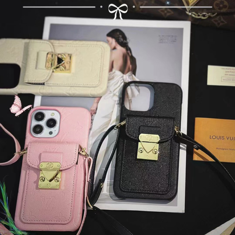 LVハイブラントiPhone14Pro Max Plusケース ヴィトン カード革ストラップ バッグ ピンク アイフォン14カバー 男女