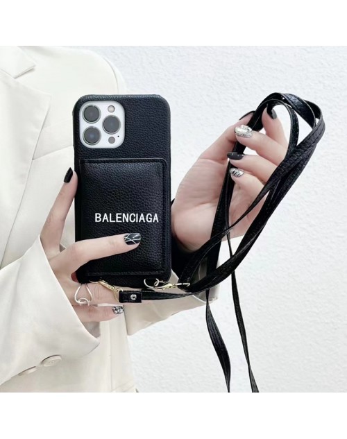 Balenciaga バレンシアガ ブランド iphone14Pro max/14Pro/14携帯ケース 高級 ストラップ付き アイフォンse3スマホケース カード入り レザー Balenciagaアイフォン14プロ マックス/13プロ/13カバー オシャレ