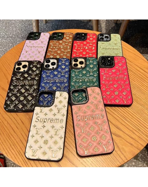 LV Supreme ルイヴィトン シュプリーム コラボ ハイブランド iphone 14/14 pro/14 pro maxケース インスタ風 モノグラム 皮革 きらきら 収納可能 アイフォン14プロ マックス/14プロ/14/13/12/11カバー ファッション メンズ レディーズ