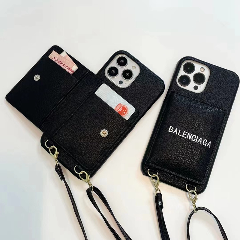 Balenciaga バレンシアガ ブランド iphone14Pro max/14Pro/14携帯ケース 高級 ストラップ付き スマホケース カード入り レザー アイフォン14プロ マックス/14プロ/14カバー オシャレ