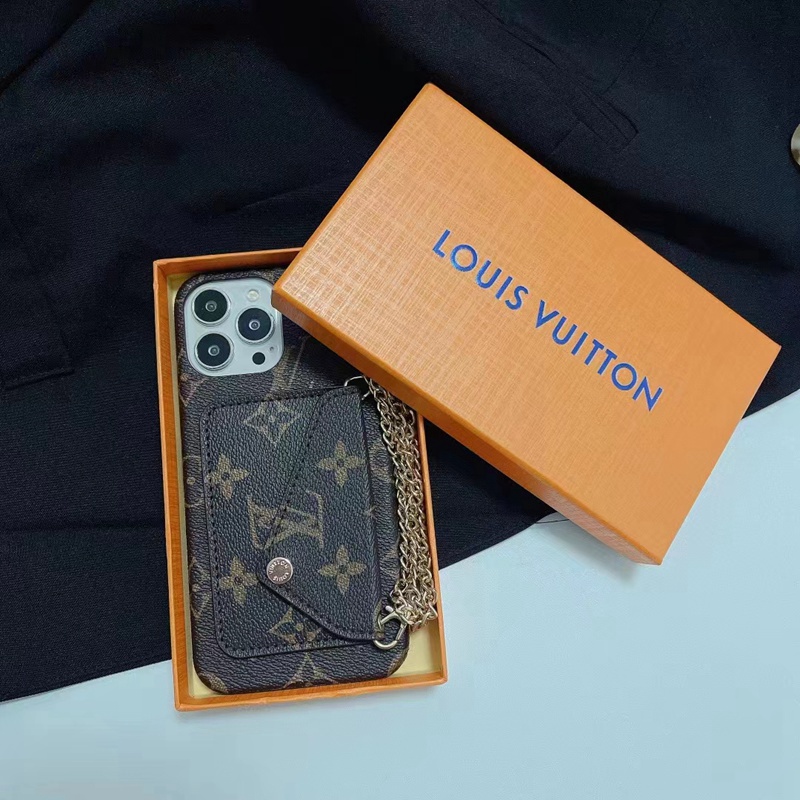 Louis Vuittonアイフォン14プロ マックス/14プロ/14プラス/14case チェーン付き カード収納 iphone14Pro max/14Pro/14 plus/14スマホケース